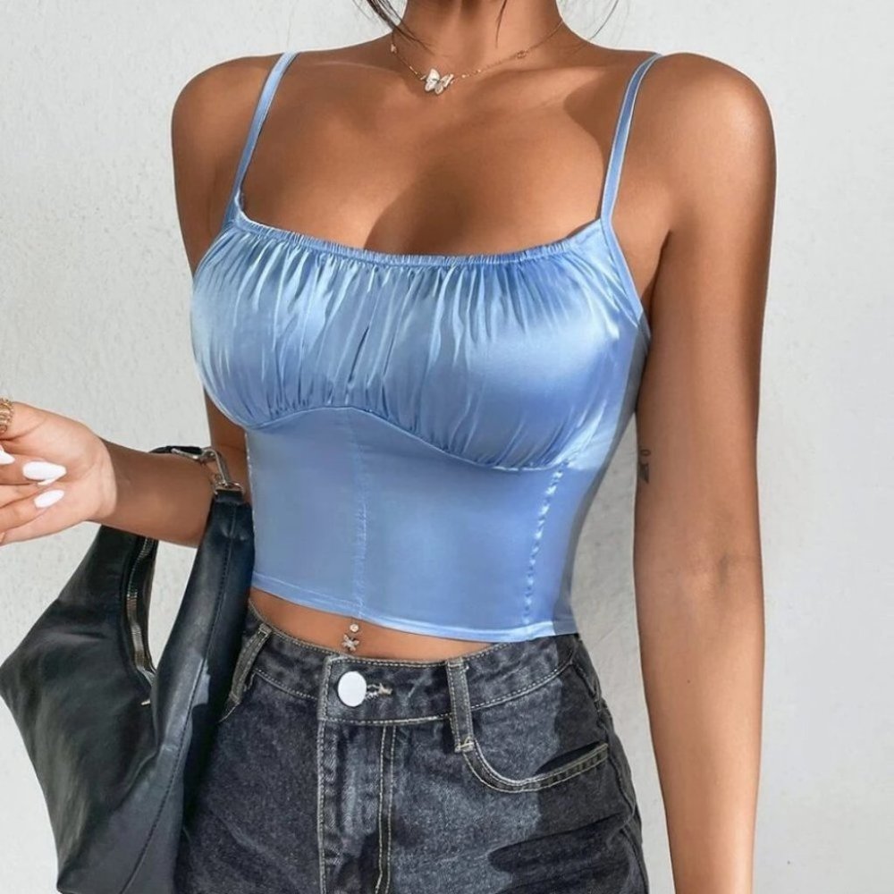 Contemporary Blue Ruched Bust Cami Top - Picture 4 of 6